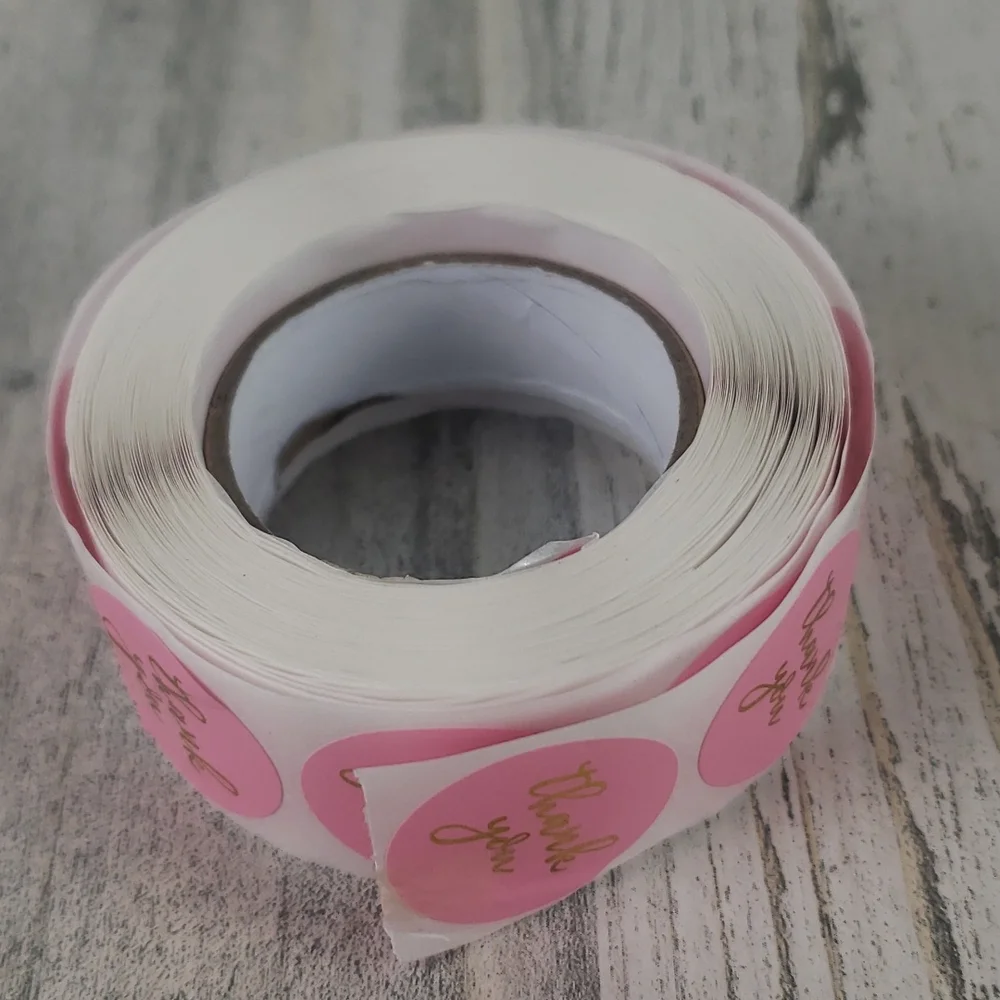 1 roll of 500 Thank You stickers pink with gold foil lettering